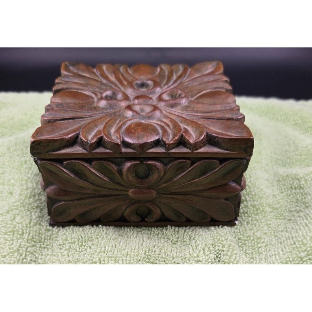 Jewelry Trinket Box With Floral Design Brown Finish 4 x 4 - Picture 2 of 8